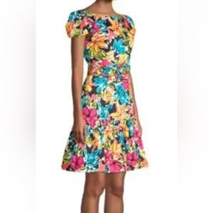 NWT Michael Kors Collection Ruffled Modern Floral Sateen Dress, fitted size 8.